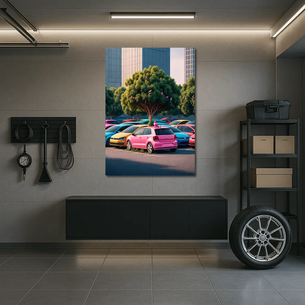 Colorful Volkswagen Polo Cars Urban Parking Lot – Wall Art