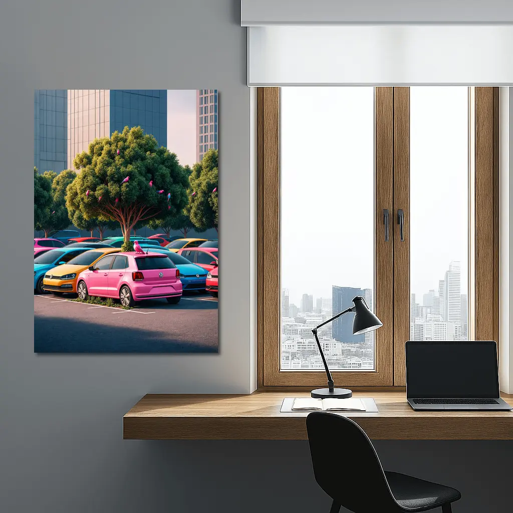 Colorful Volkswagen Polo Cars Urban Parking Lot – Wall Art