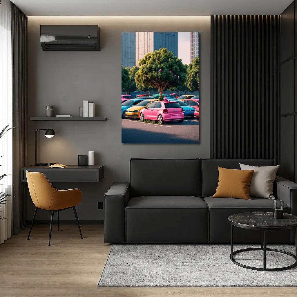 Colorful Volkswagen Polo Cars Urban Parking Lot – Wall Art