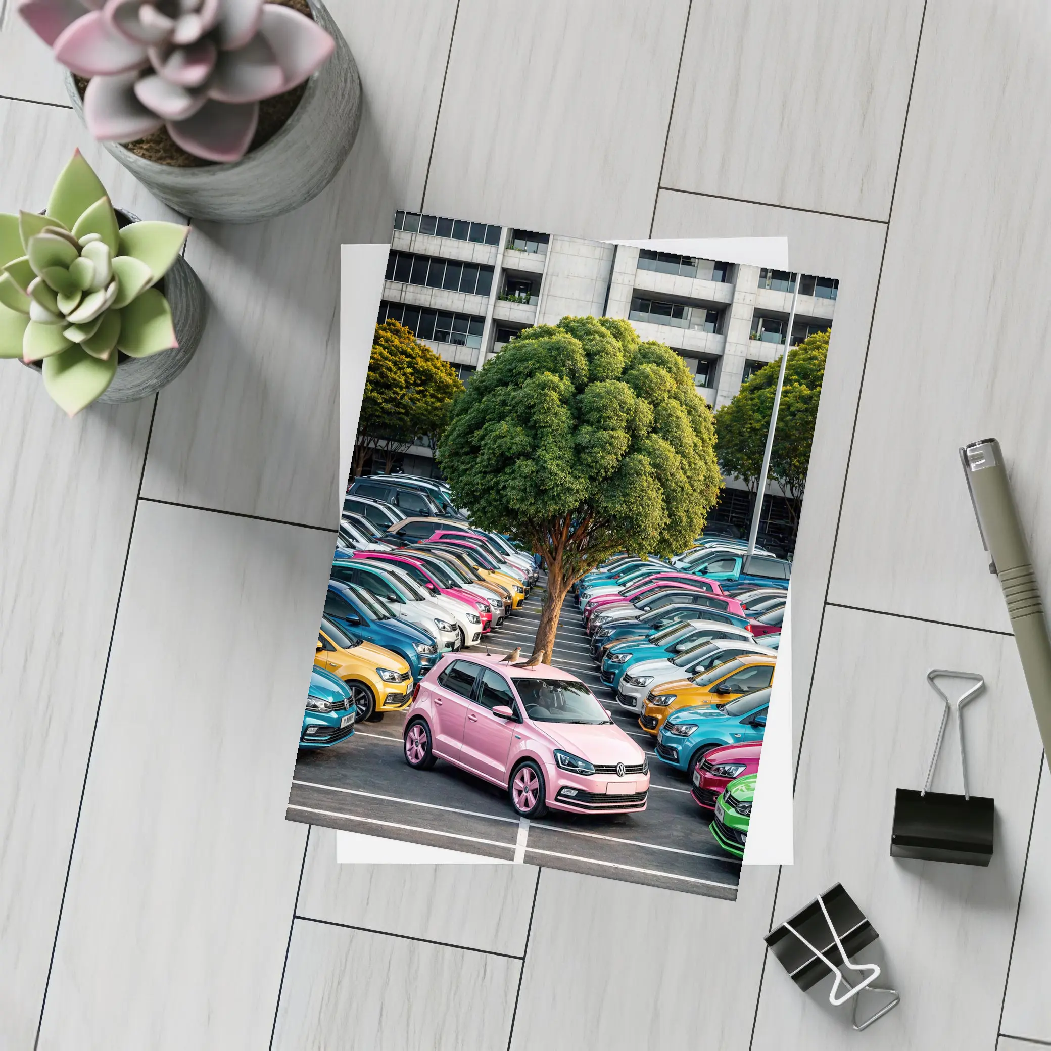 Volkswagen Polo Cars Colorful Urban Parking Lot – Postcards