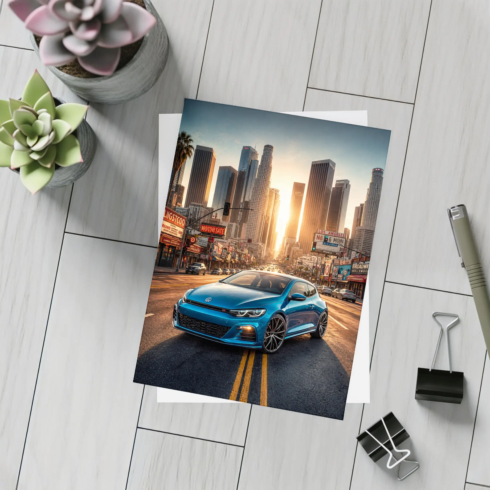 Volkswagen Scirocco Blue Los Angeles Sunset Street – Postcards