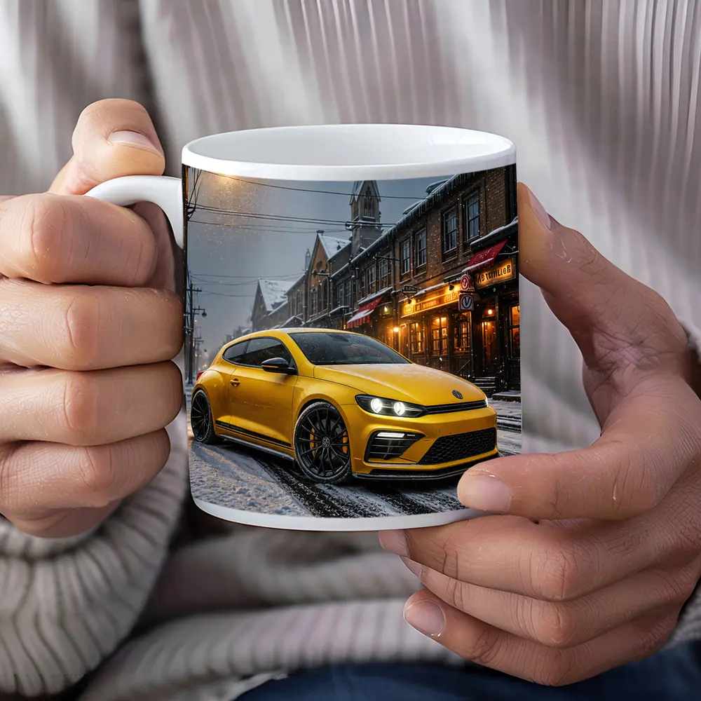 Volkswagen Scirocco Yellow Snow Street Night – Mugs