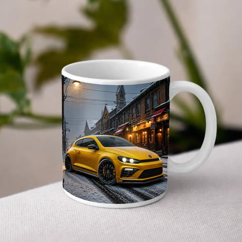 Volkswagen Scirocco Yellow Snow Street Night – Mugs
