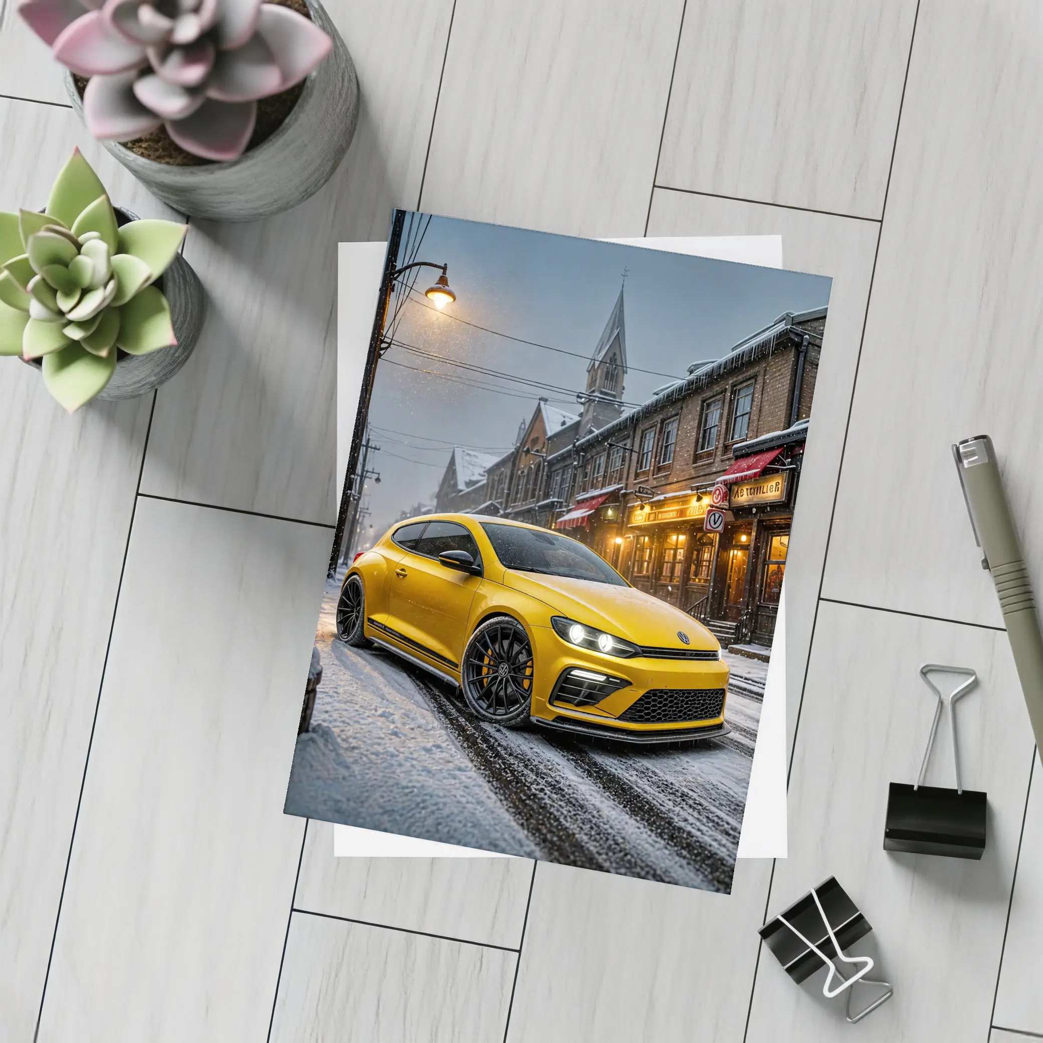Volkswagen Scirocco Yellow Snow Street Night – Postcards