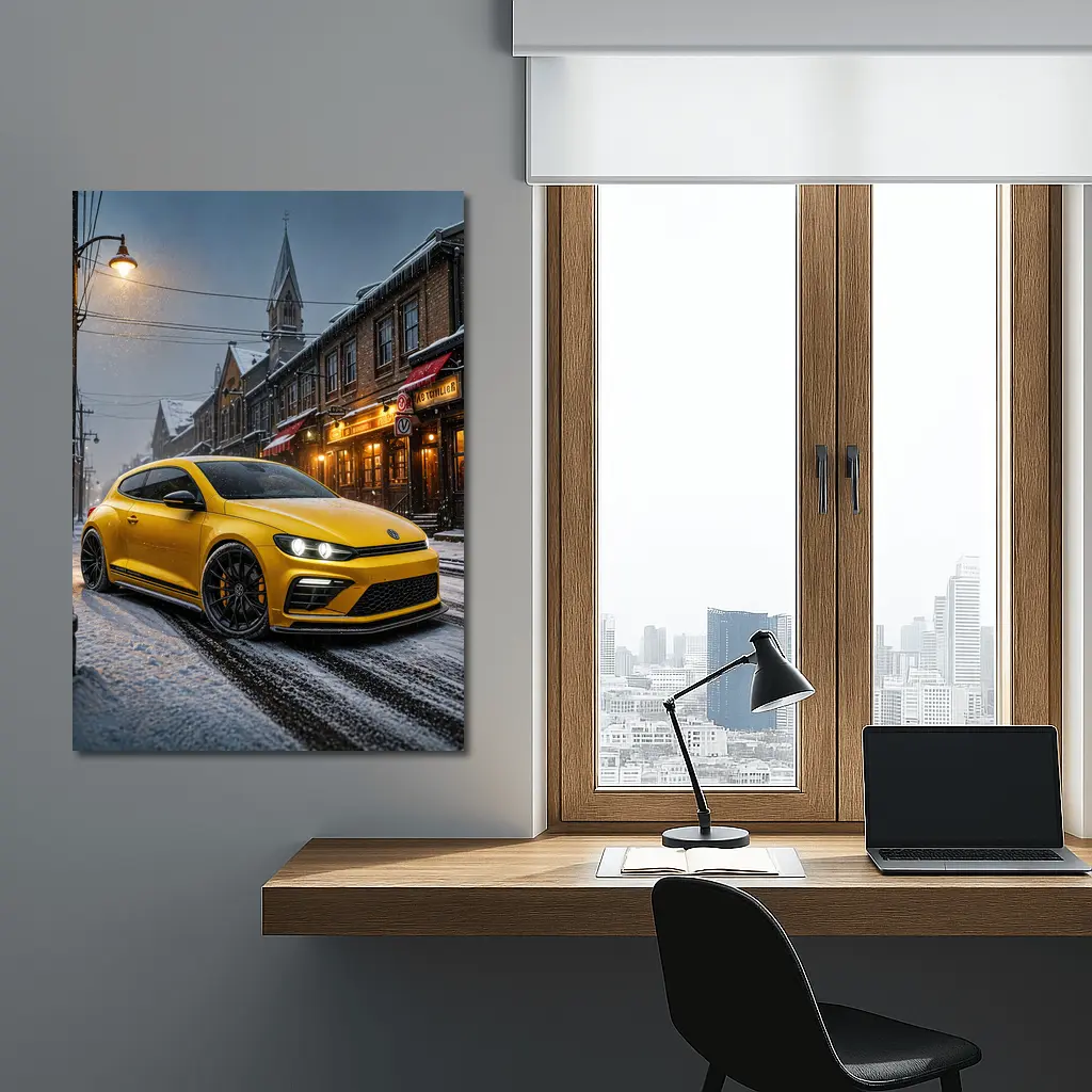 Volkswagen Scirocco Yellow Snow Street Night – Wall Art