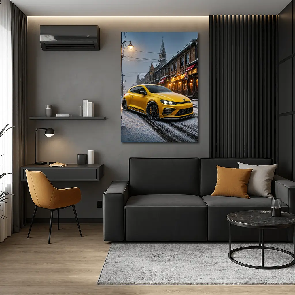 Volkswagen Scirocco Yellow Snow Street Night – Wall Art