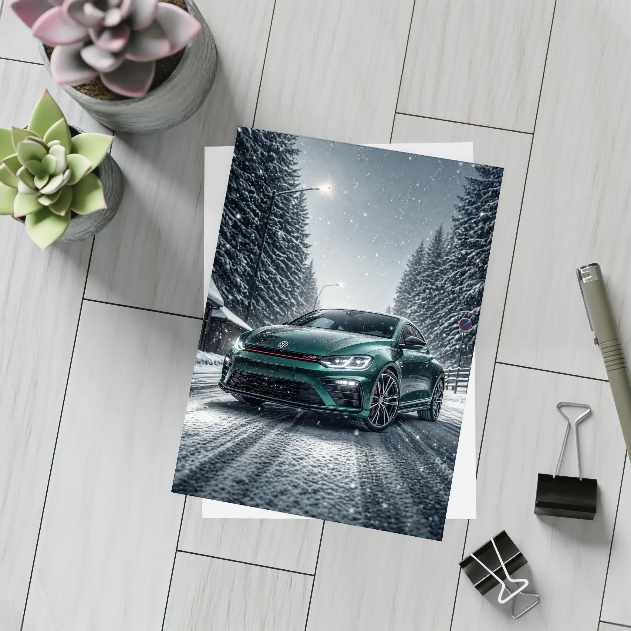 Volkswagen Scirocco R Dark Green Snow Night – Postcards