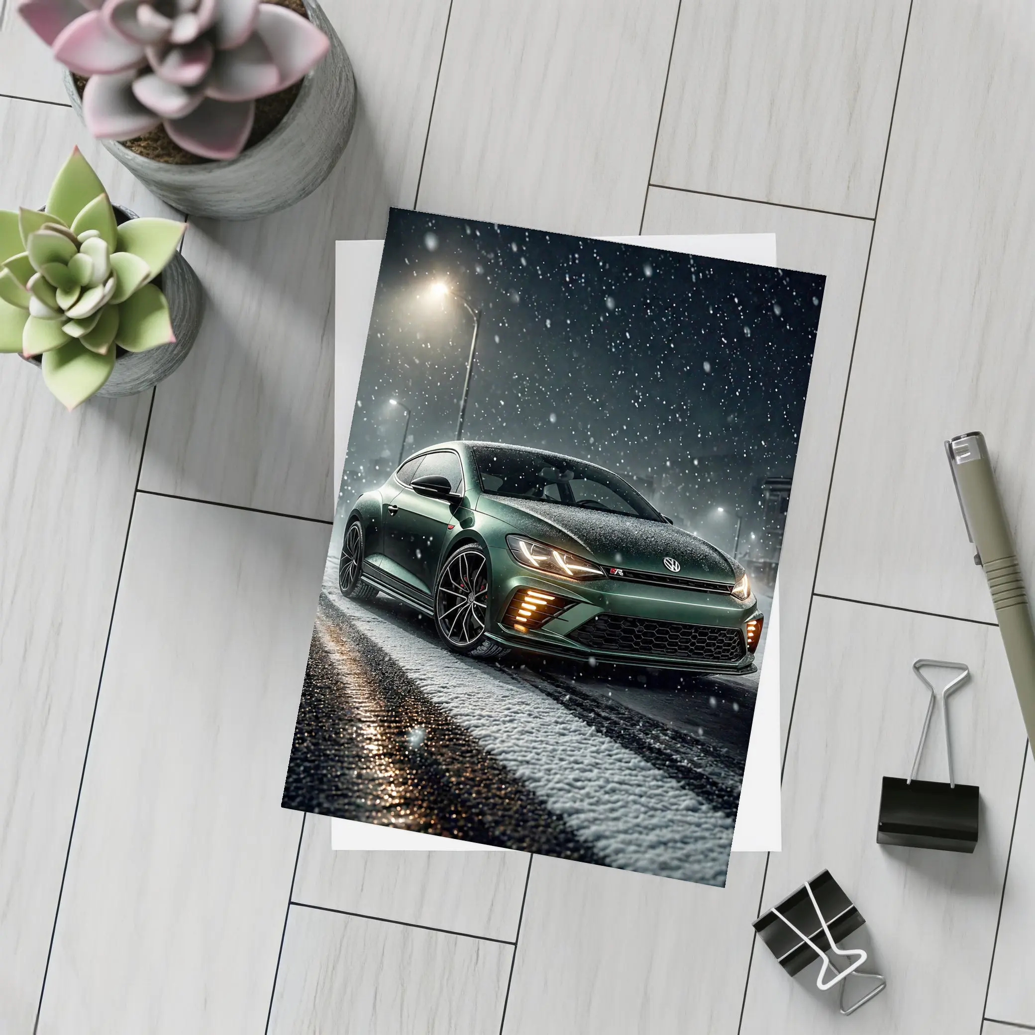 Volkswagen Scirocco R Dark Green Snow Night – Postcards