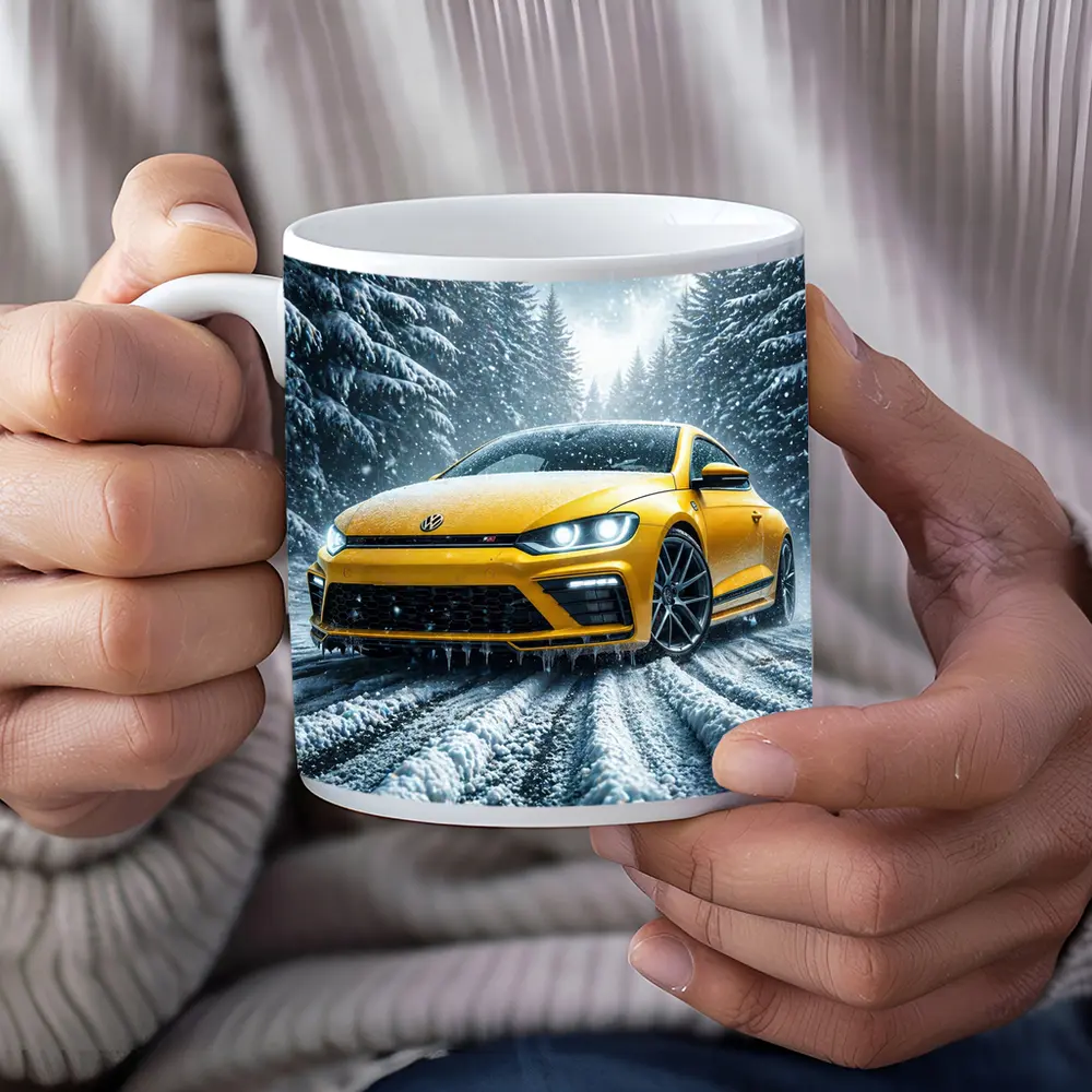 Volkswagen Scirocco Yellow Car Snowy Forest Road – Mugs