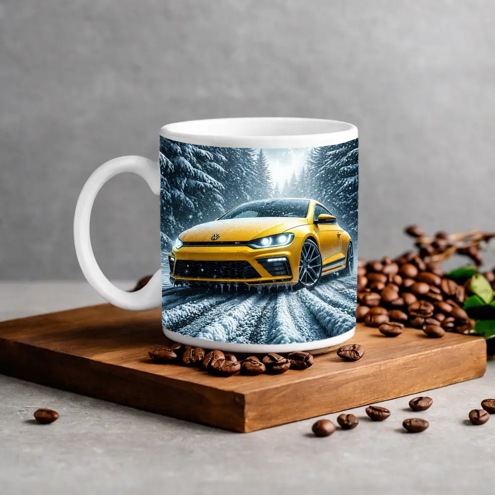 Volkswagen Scirocco Yellow Car Snowy Forest Road – Mugs