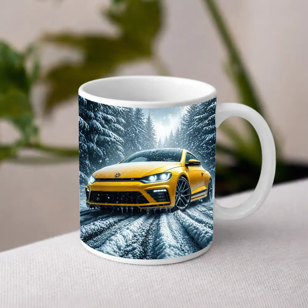 Volkswagen Scirocco Yellow Car Snowy Forest Road – Mugs