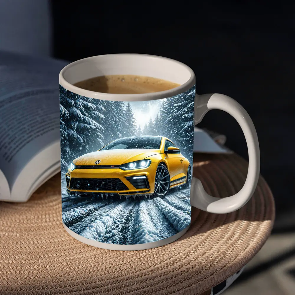 Volkswagen Scirocco Yellow Car Snowy Forest Road – Mugs