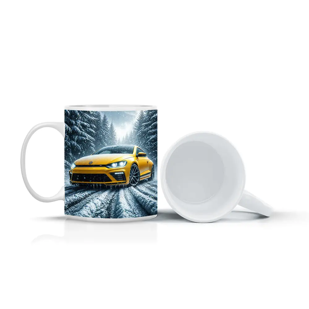 Volkswagen Scirocco Yellow Car Snowy Forest Road – Mugs