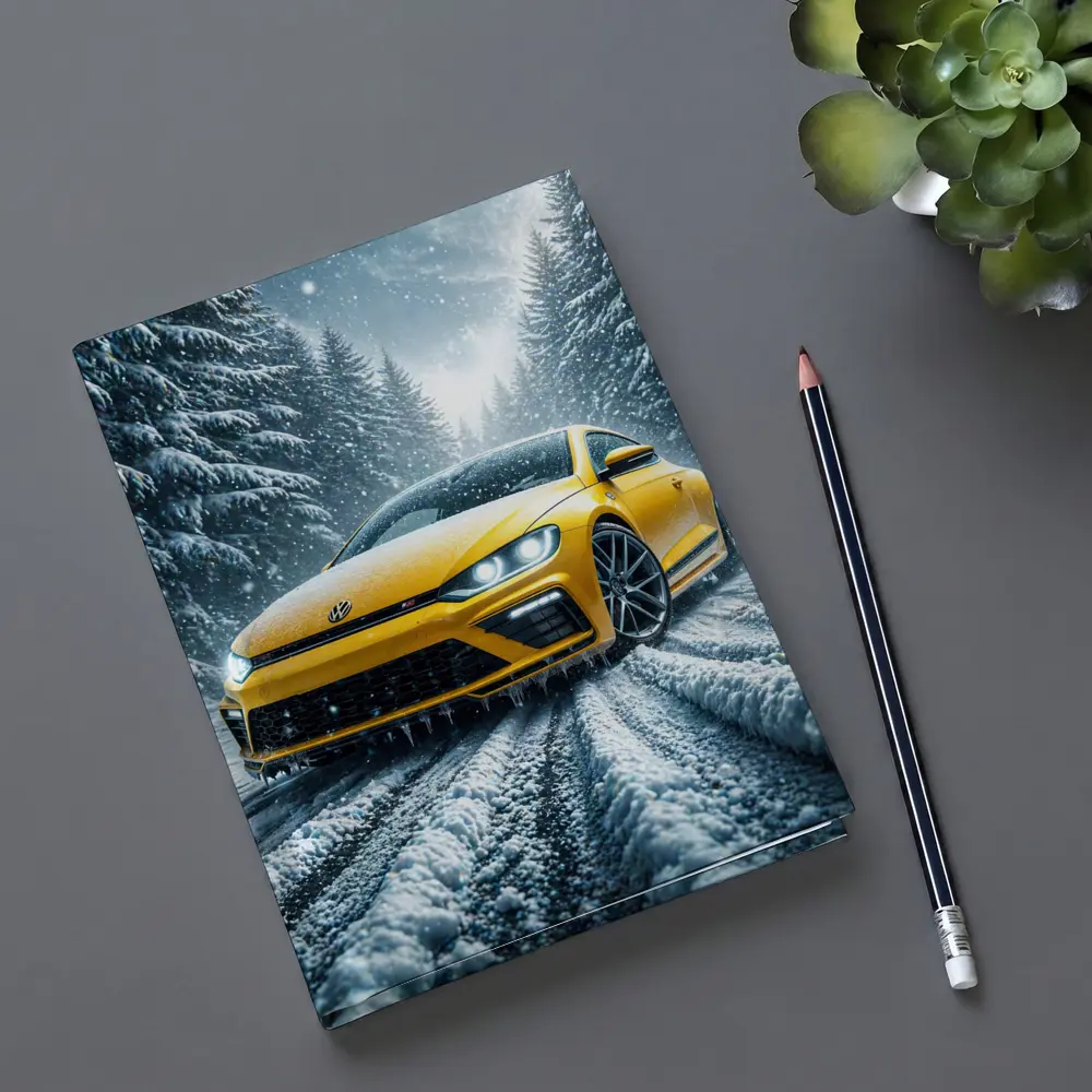 Volkswagen Scirocco Yellow Car Snowy Forest Road – Notebooks