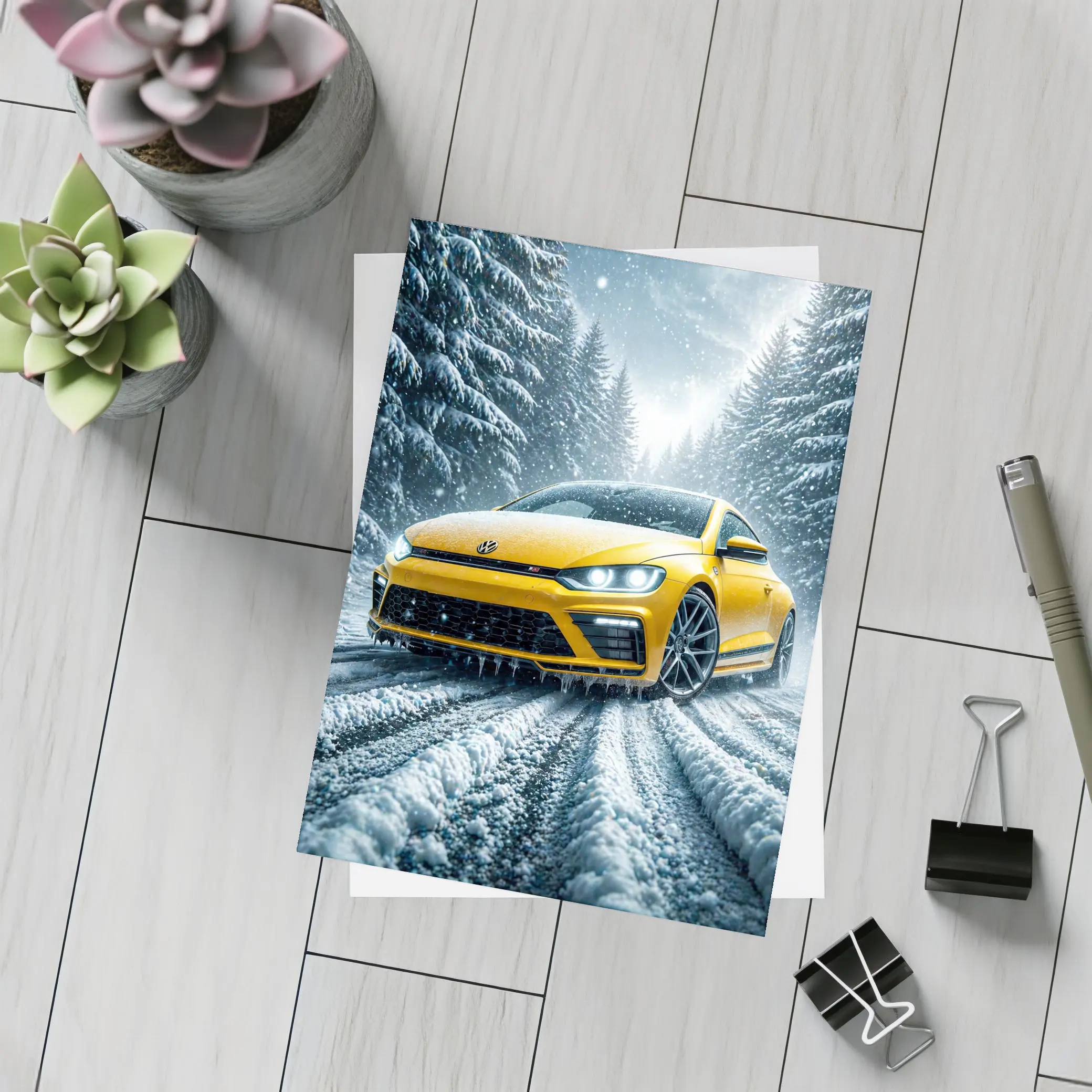 Volkswagen Scirocco Yellow Car Snowy Forest Road – Postcards
