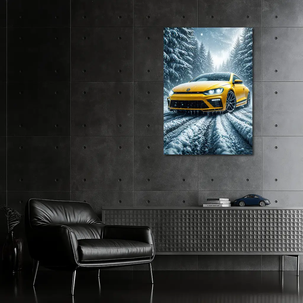 Volkswagen Scirocco Yellow Car Snowy Forest Road – Wall Art