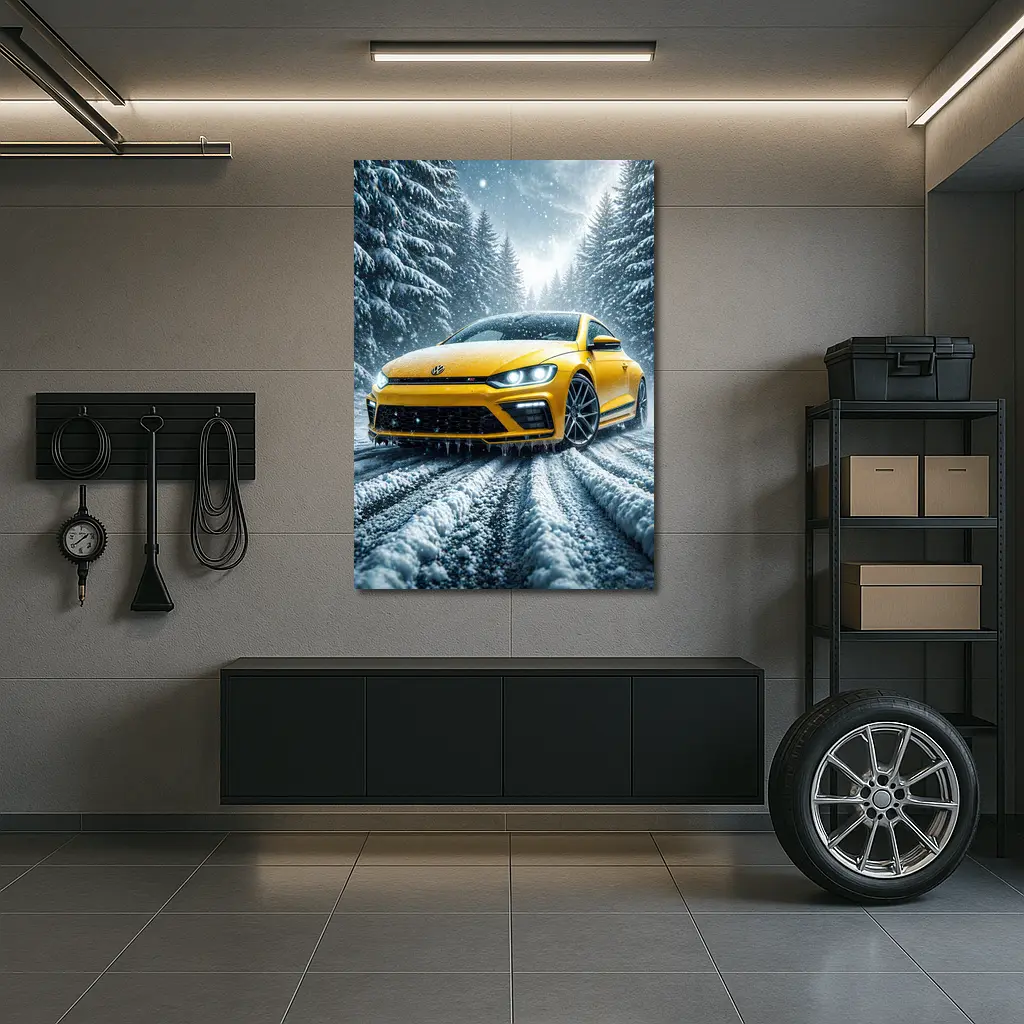 Volkswagen Scirocco Yellow Car Snowy Forest Road – Wall Art