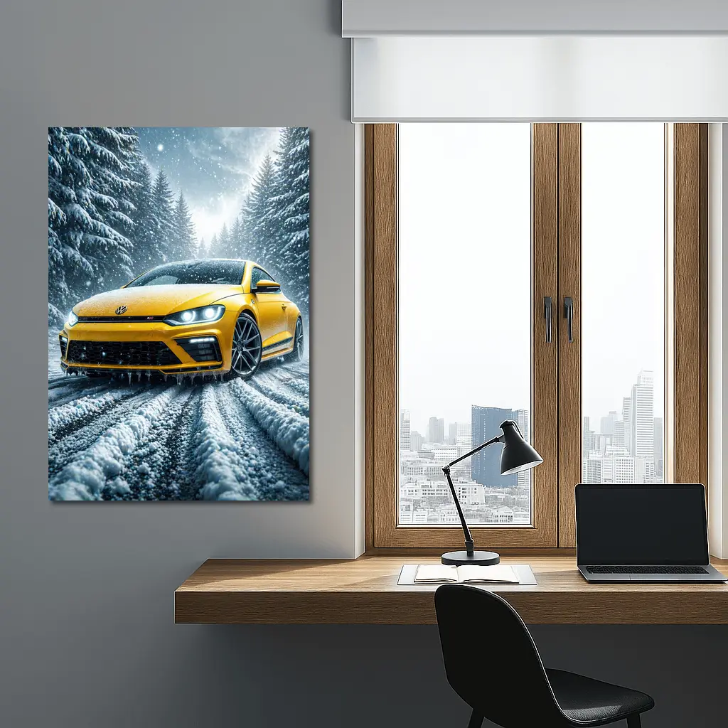 Volkswagen Scirocco Yellow Car Snowy Forest Road – Wall Art