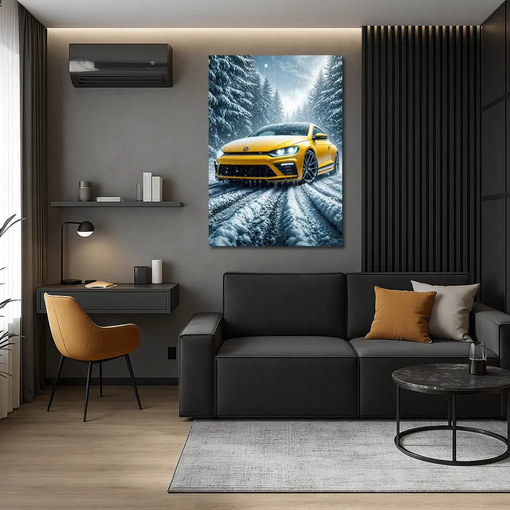 Volkswagen Scirocco Yellow Car Snowy Forest Road – Wall Art