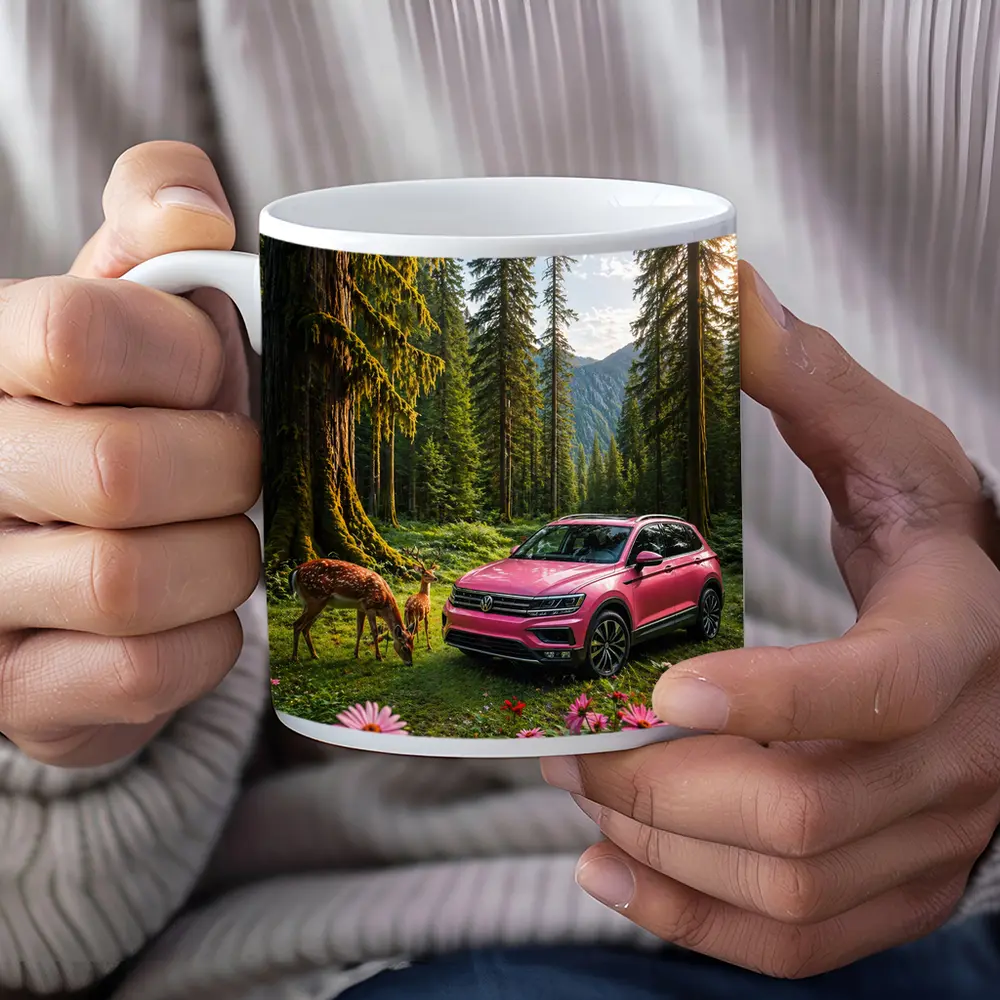 Pink Volkswagen Tiguan Forest Deer Scene – Mugs
