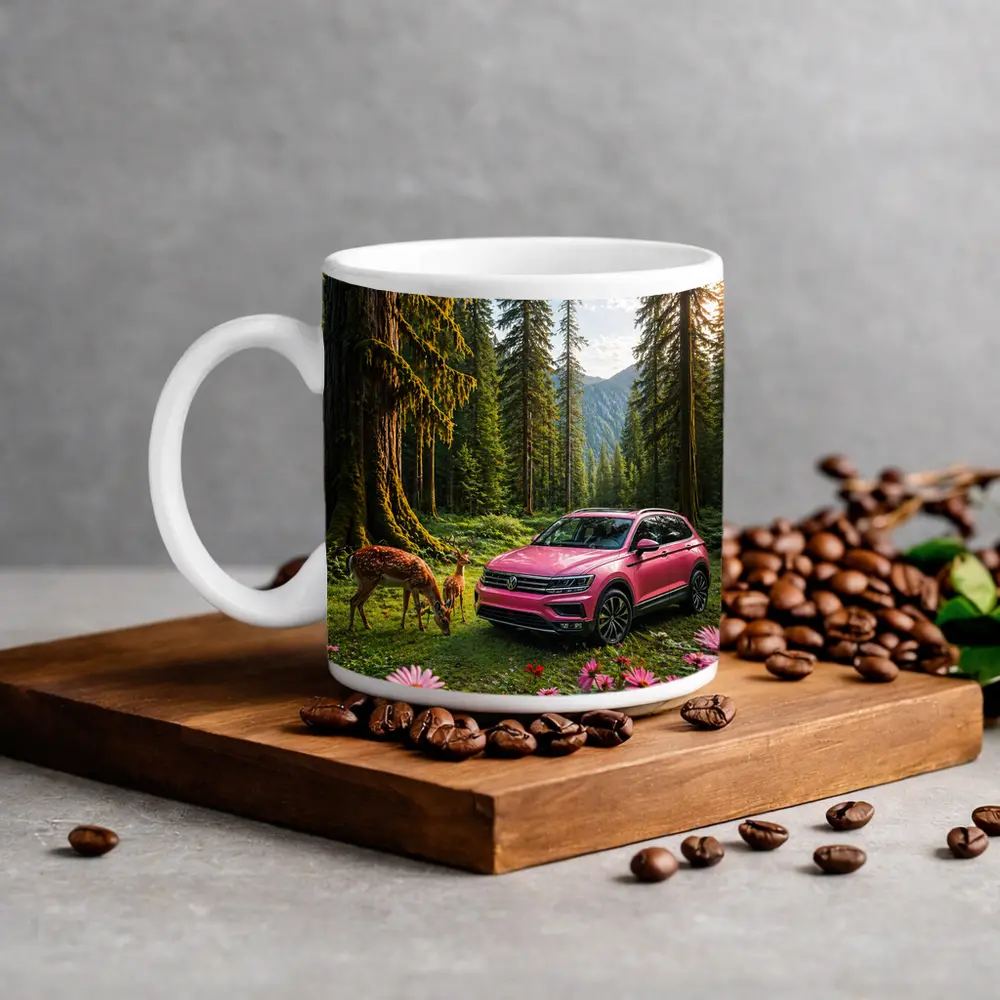 Pink Volkswagen Tiguan Forest Deer Scene – Mugs