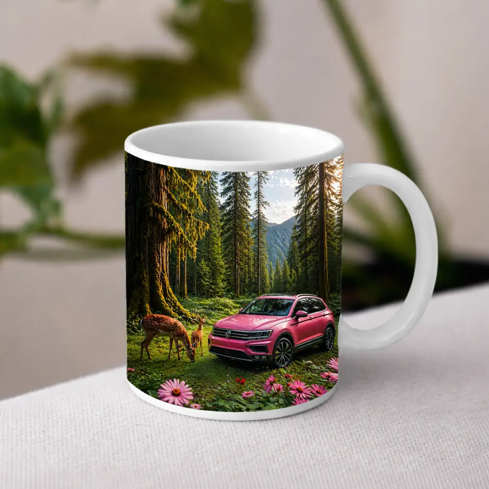 Pink Volkswagen Tiguan Forest Deer Scene – Mugs