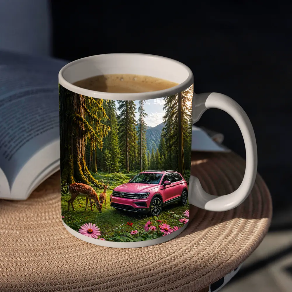 Pink Volkswagen Tiguan Forest Deer Scene – Mugs