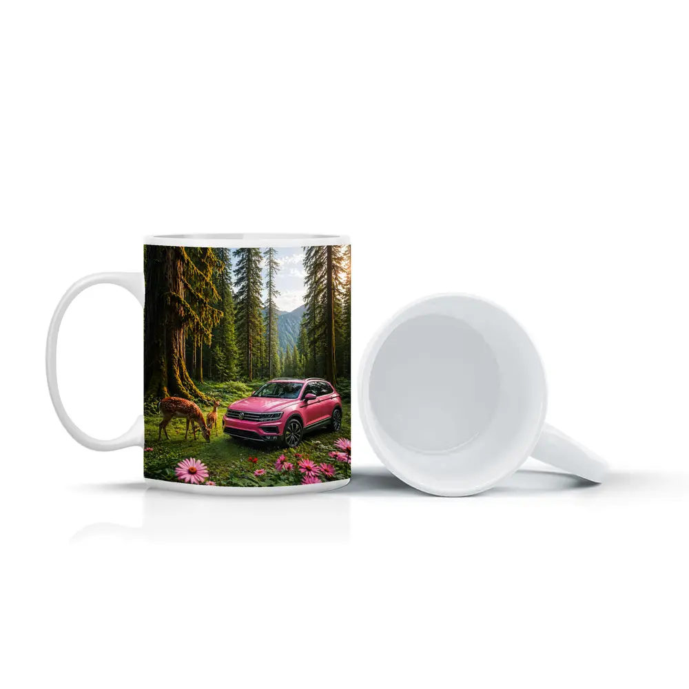 Pink Volkswagen Tiguan Forest Deer Scene – Mugs