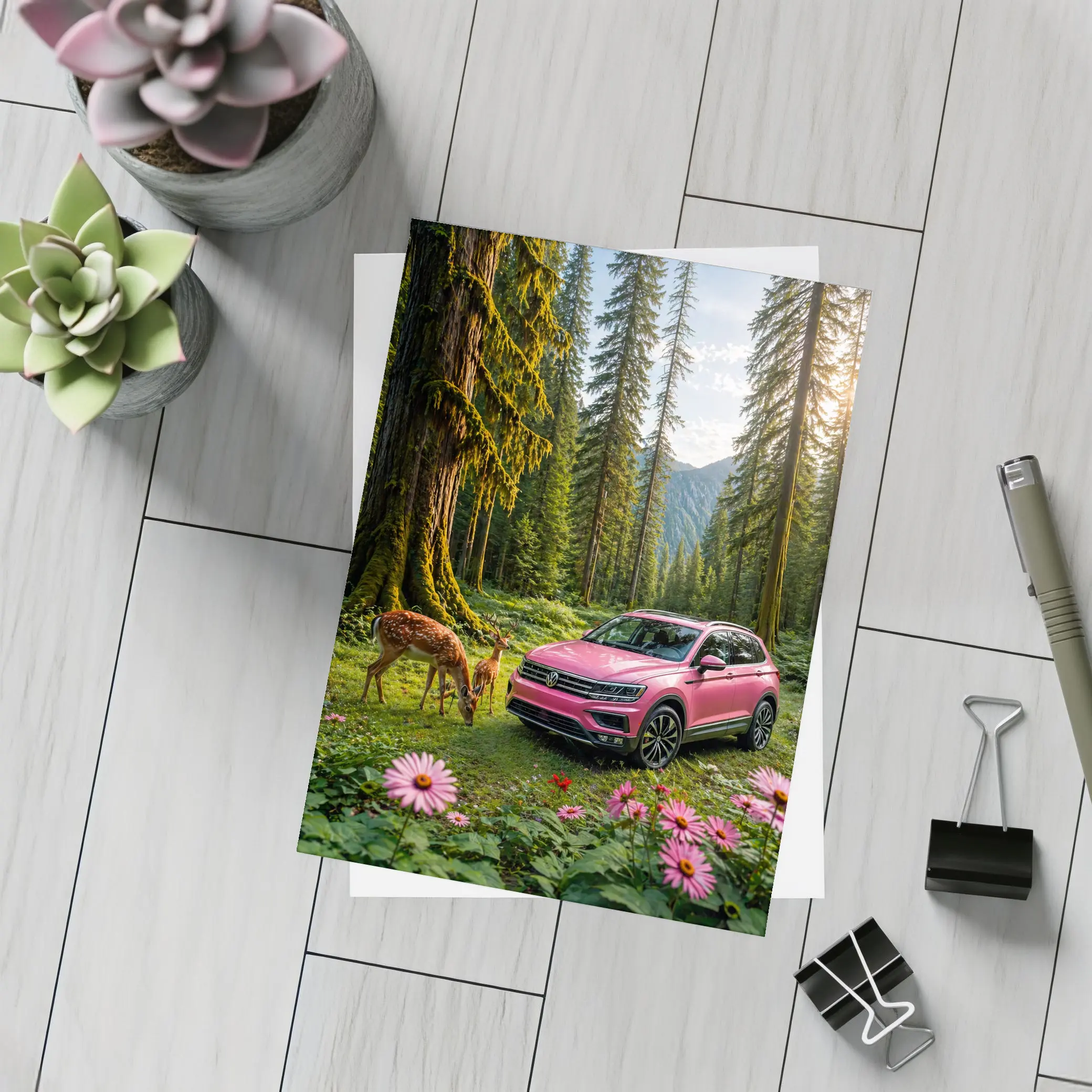 Pink Volkswagen Tiguan Forest Deer Scene – Postcards