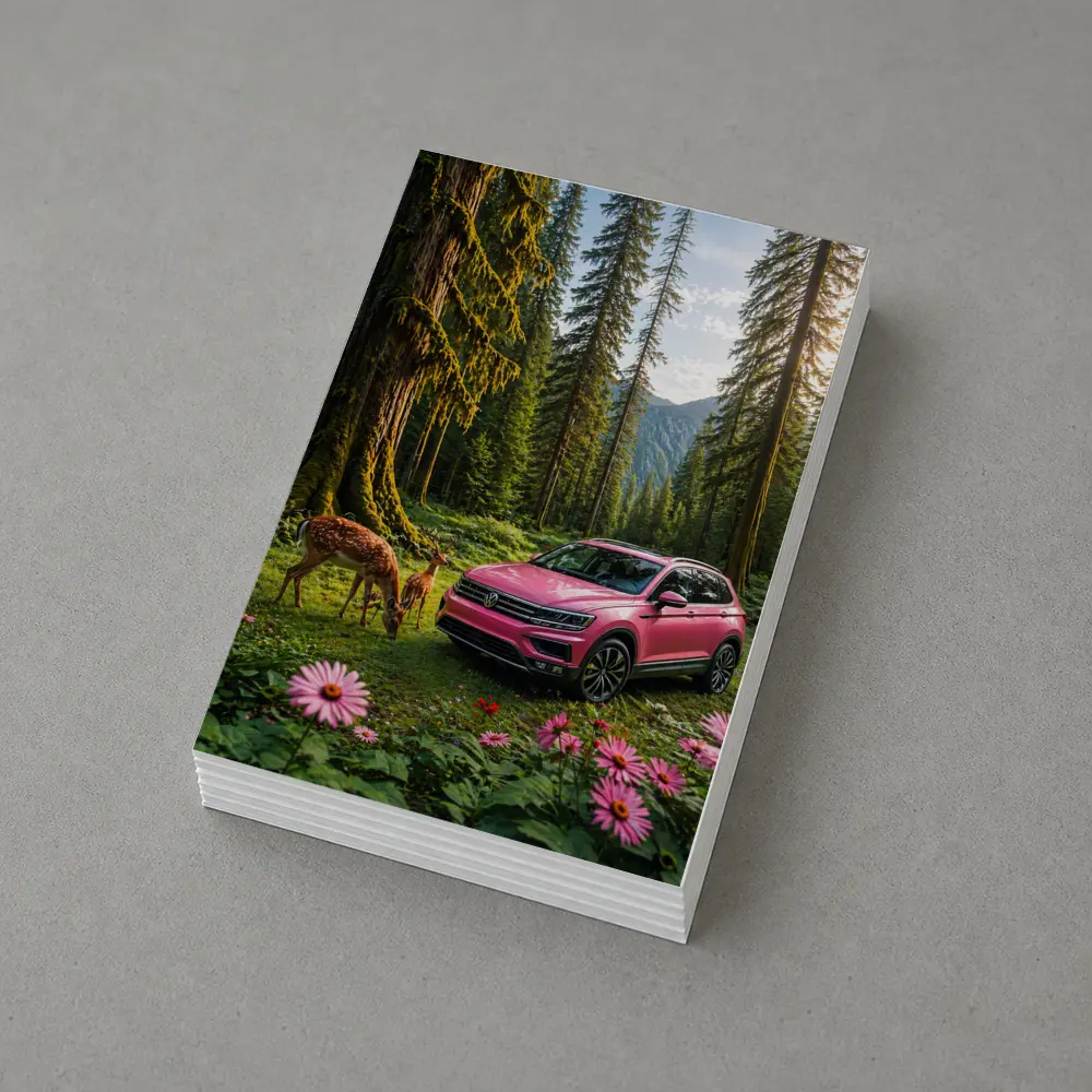 Pink Volkswagen Tiguan Forest Deer Scene – Postcards