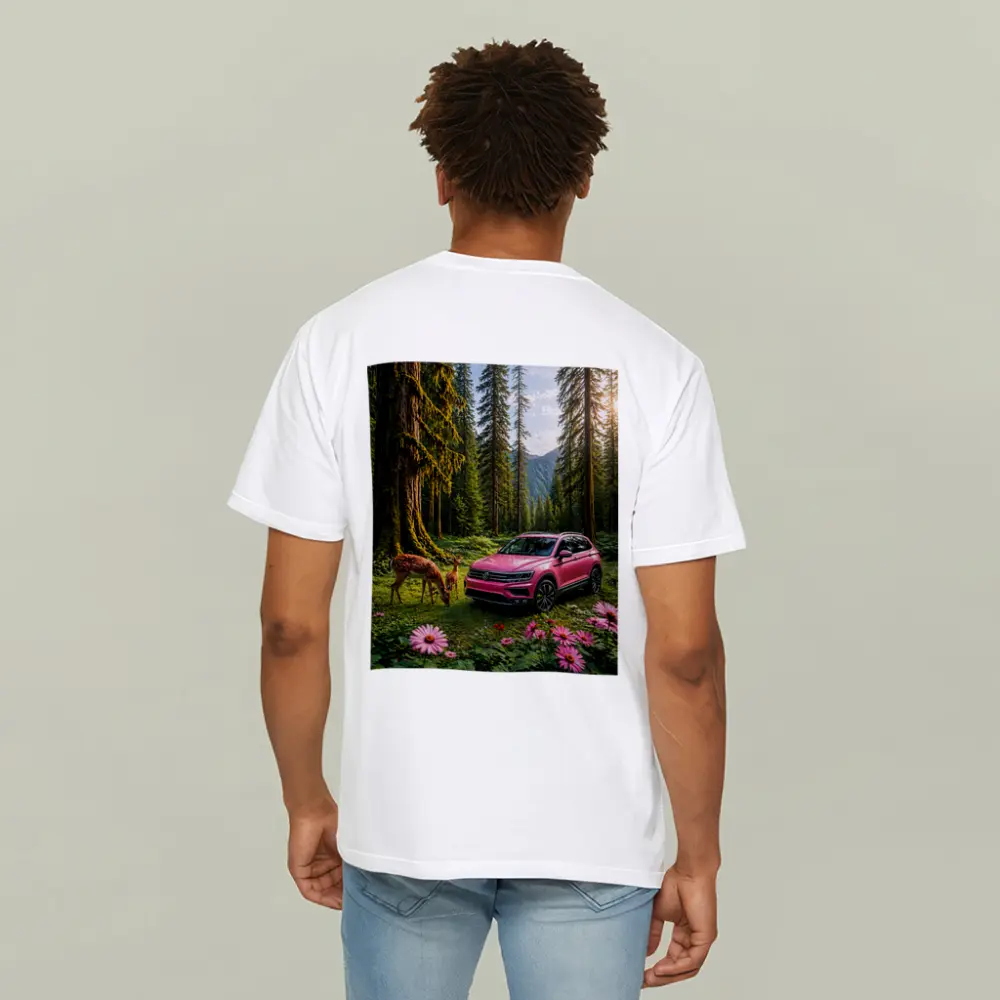 Pink Volkswagen Tiguan Forest Deer Scene – T-Shirts
