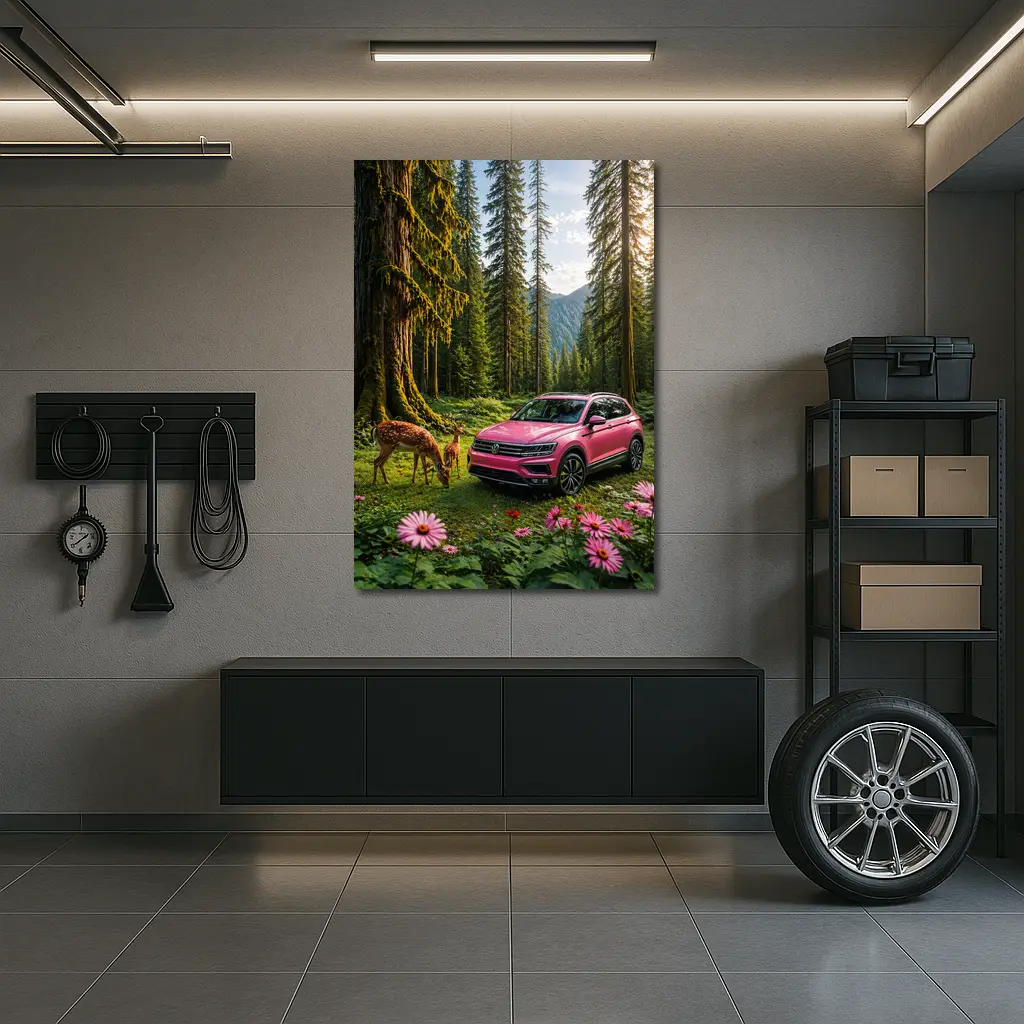 Pink Volkswagen Tiguan Forest Deer Scene – Wall Art