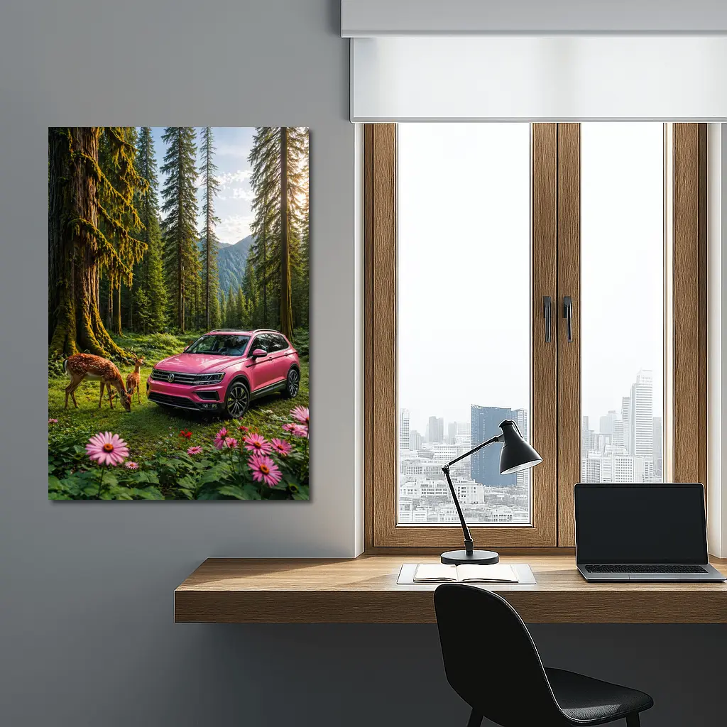 Pink Volkswagen Tiguan Forest Deer Scene – Wall Art