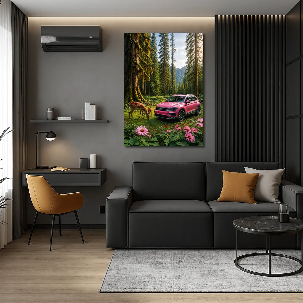 Pink Volkswagen Tiguan Forest Deer Scene – Wall Art