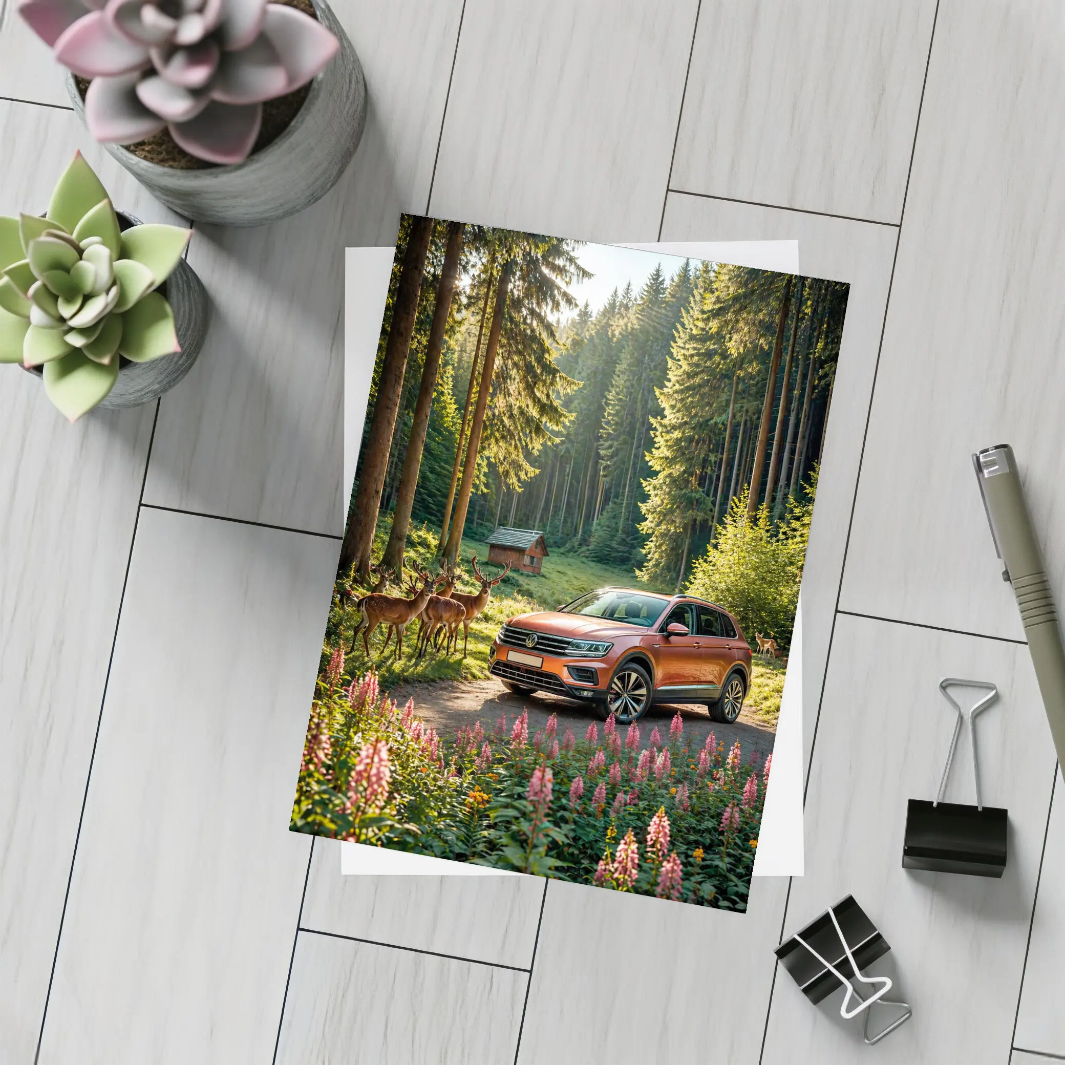 Volkswagen Touareg Orange SUV Forest Deer – Postcards