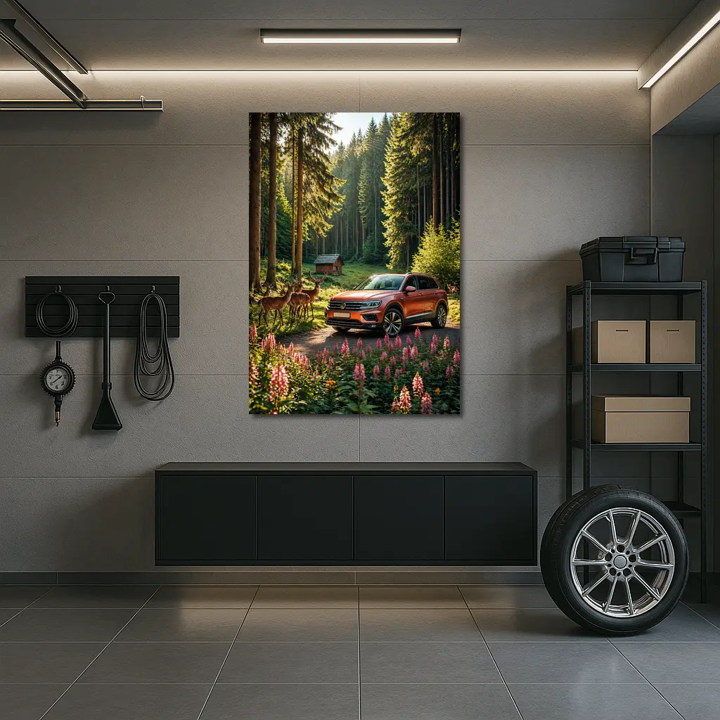 Volkswagen Touareg Orange SUV Forest Deer – Wall Art