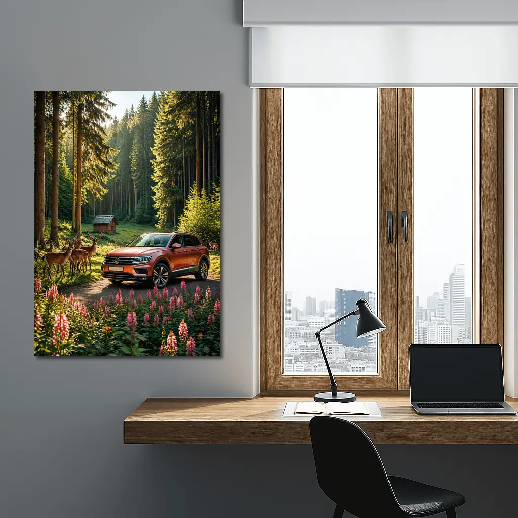 Volkswagen Touareg Orange SUV Forest Deer – Wall Art
