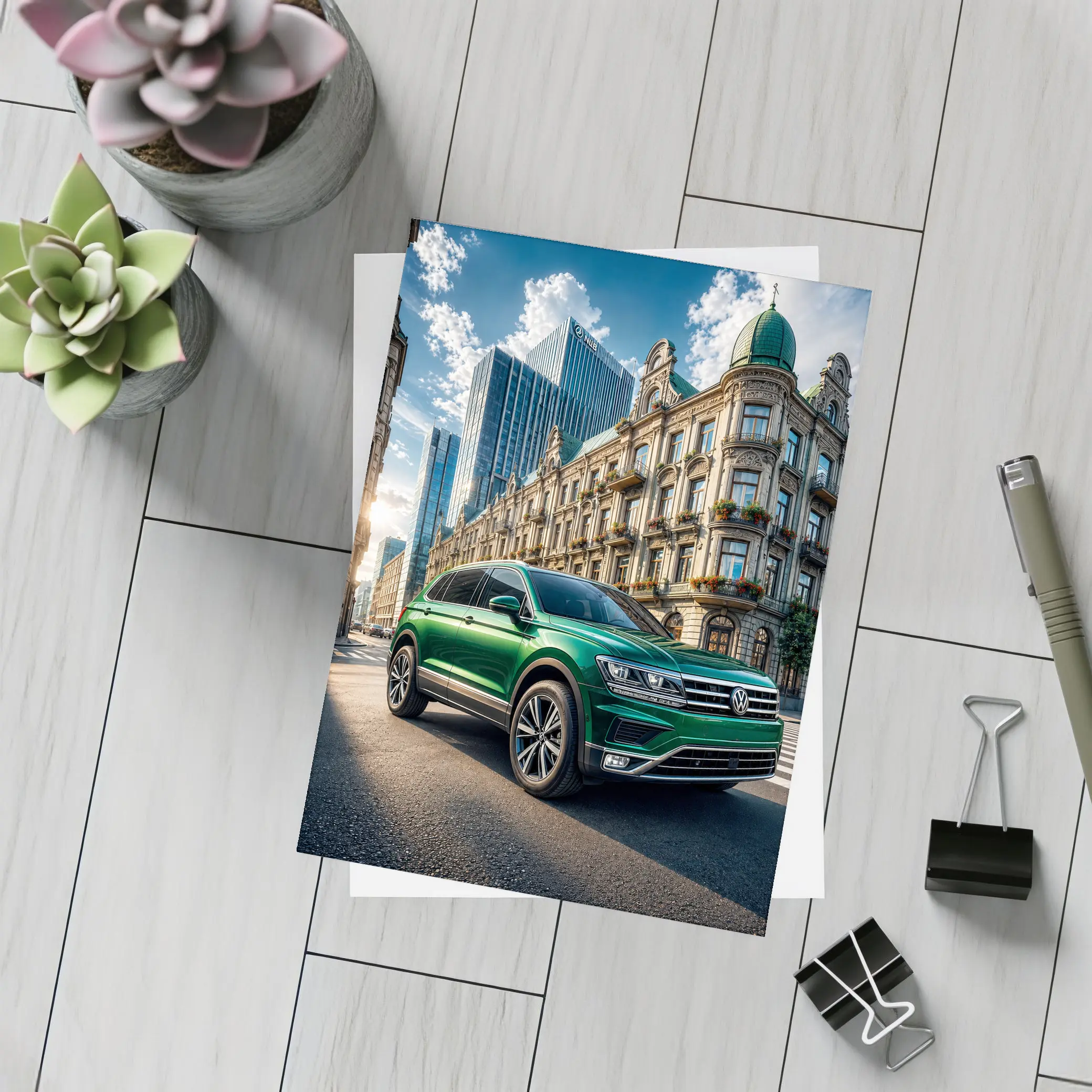 Volkswagen Tiguan Green SUV City Street – Postcards