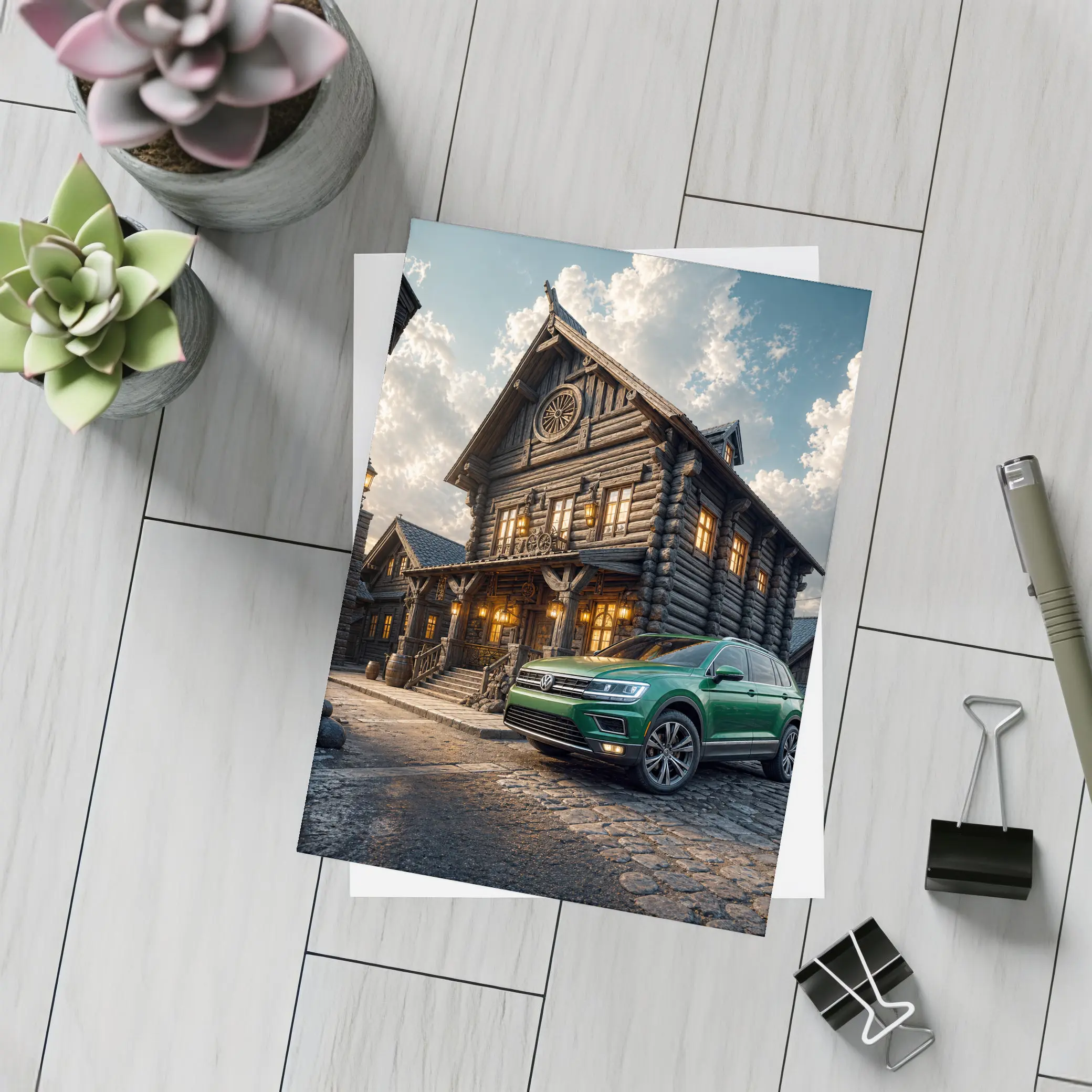 Volkswagen Tiguan Green SUV Rustic Lodge – Postcards