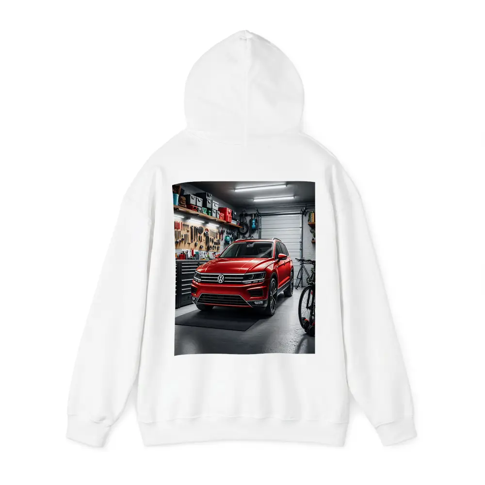 Volkswagen Tiguan Red SUV Garage Scene – Hoodies