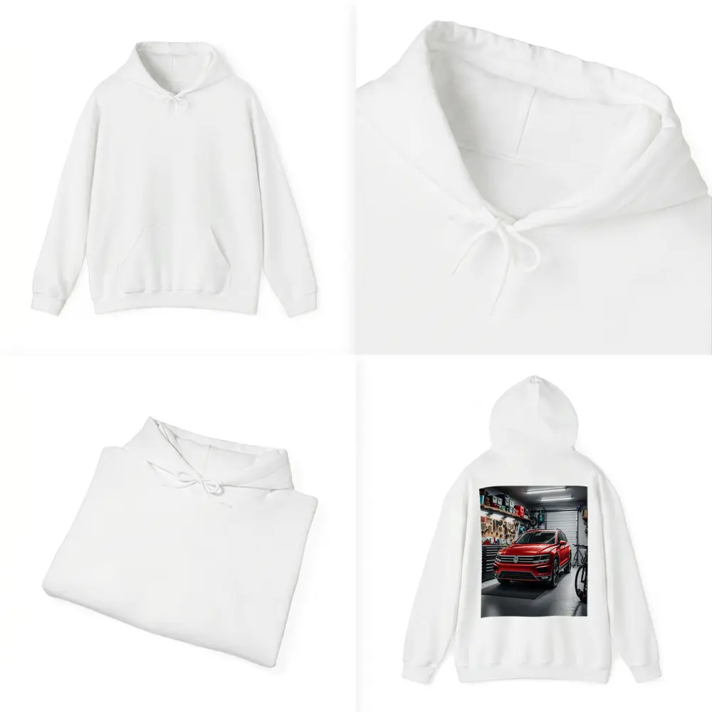 Volkswagen Tiguan Red SUV Garage Scene – Hoodies