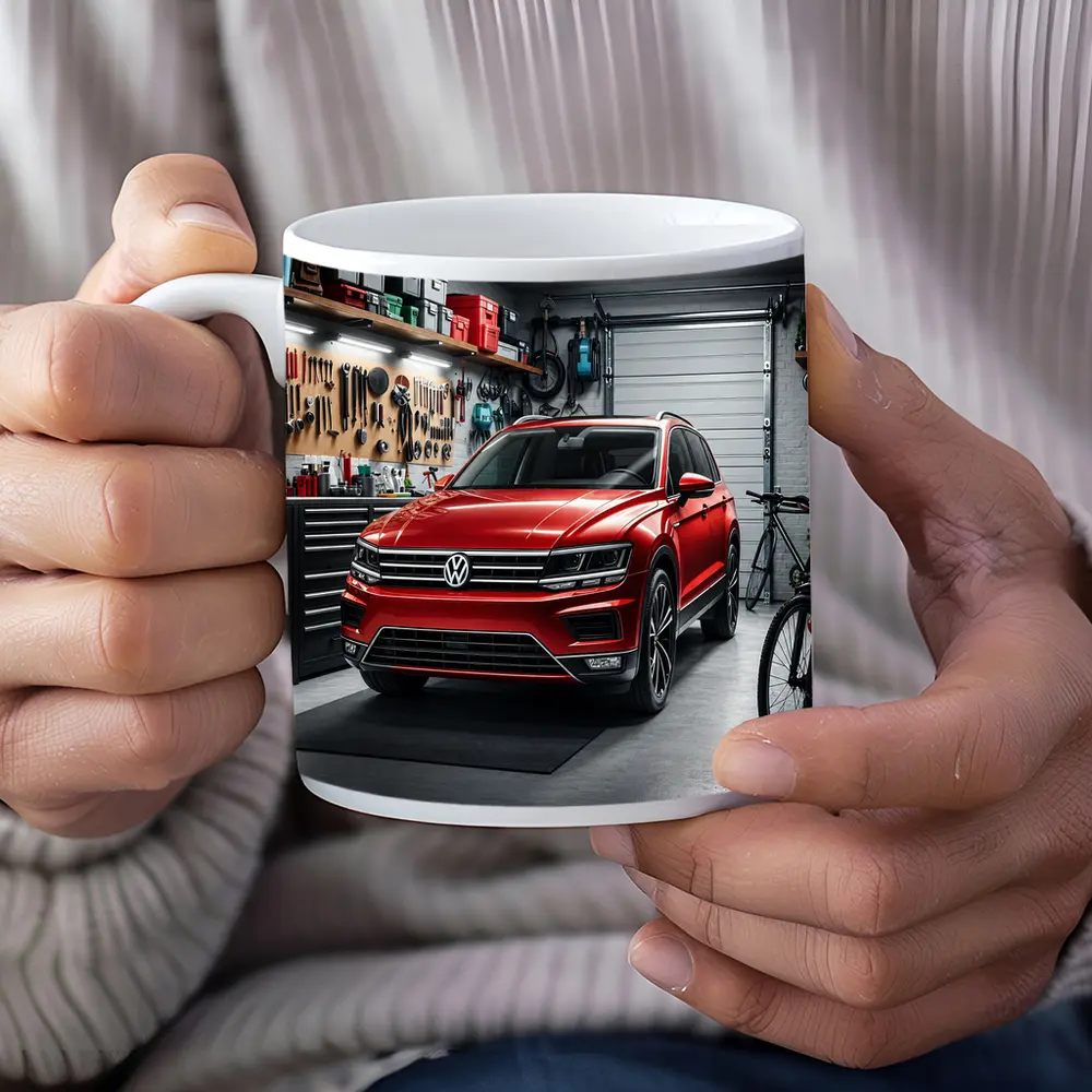 Volkswagen Tiguan Red SUV Garage Scene – Mugs