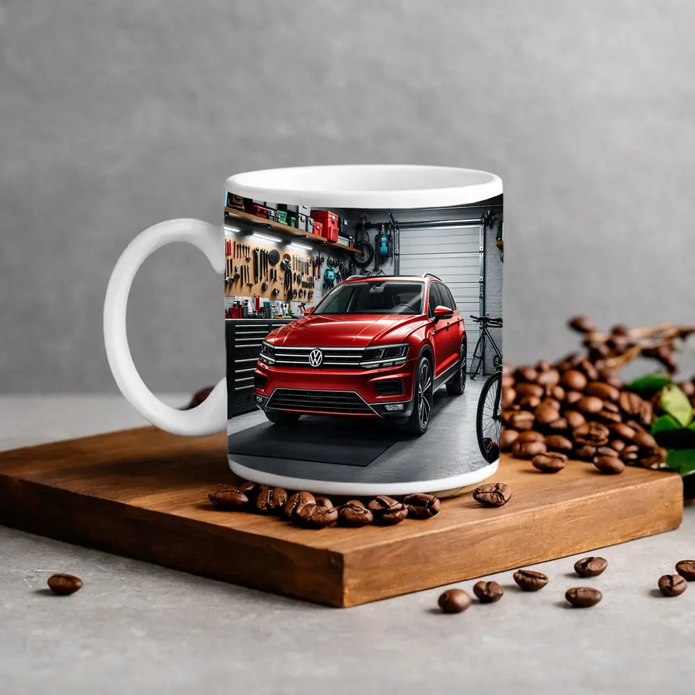 Volkswagen Tiguan Red SUV Garage Scene – Mugs