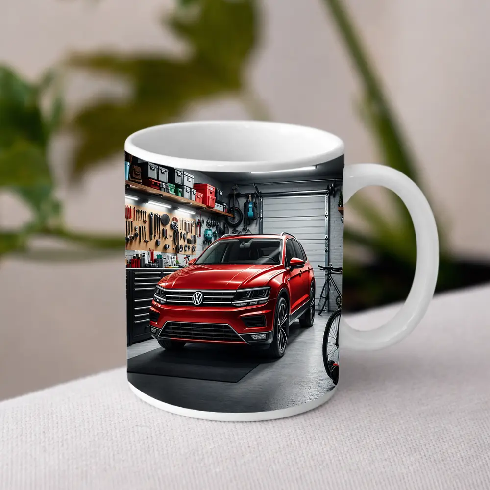 Volkswagen Tiguan Red SUV Garage Scene – Mugs
