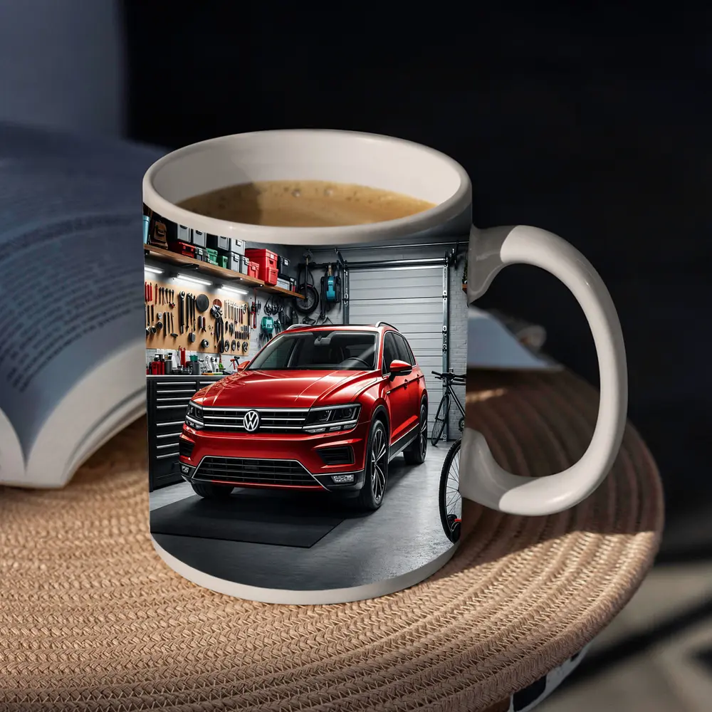 Volkswagen Tiguan Red SUV Garage Scene – Mugs