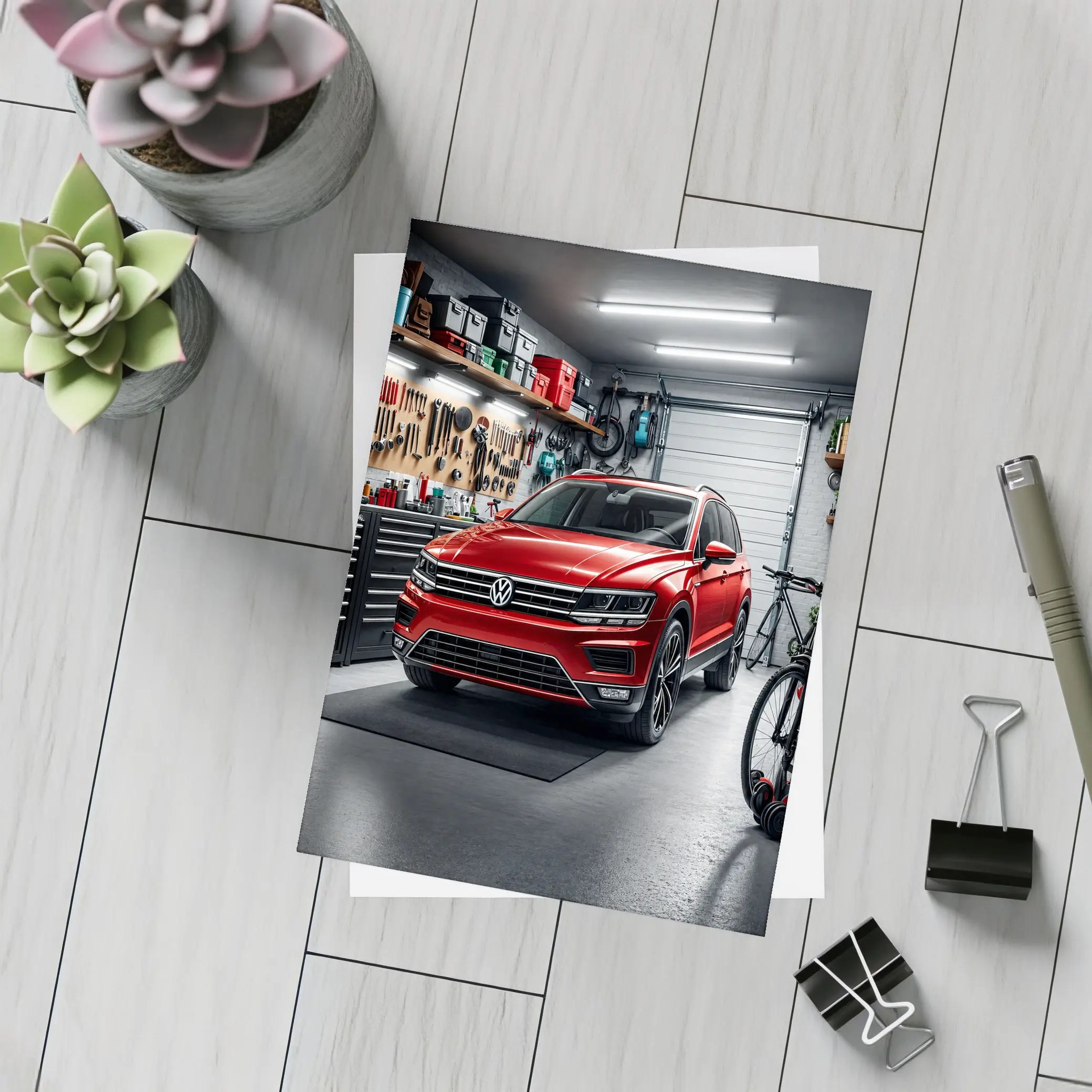 Volkswagen Tiguan Red SUV Garage Scene – Postcards