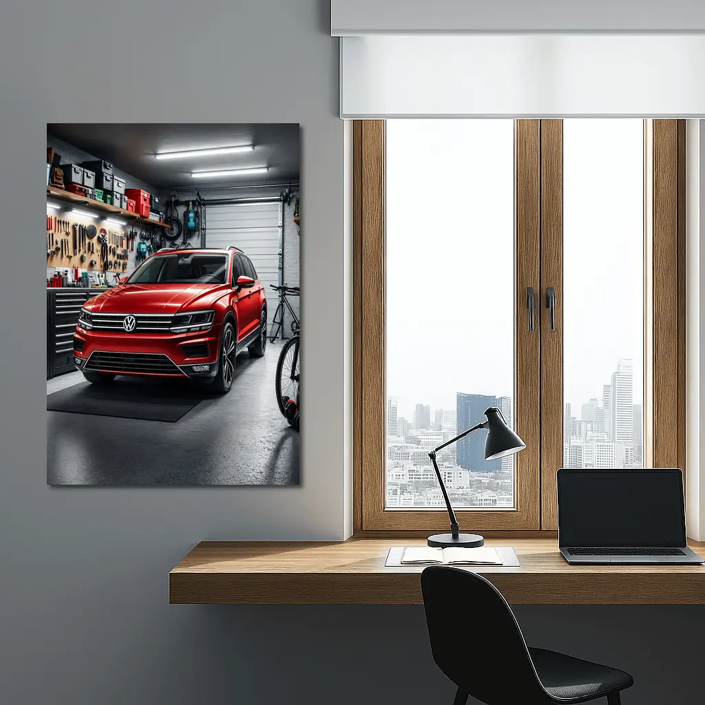 Volkswagen Tiguan Red SUV Garage Scene – Wall Art