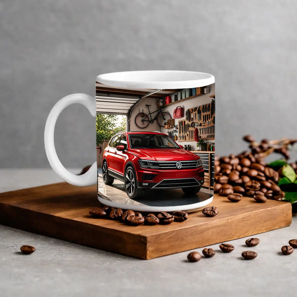 Volkswagen Tiguan Red SUV Garage Setting – Mugs