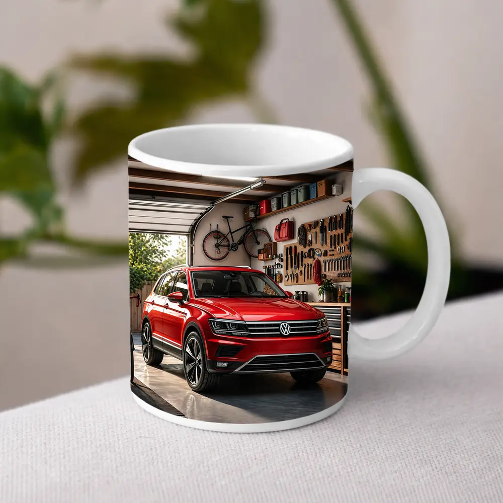 Volkswagen Tiguan Red SUV Garage Setting – Mugs