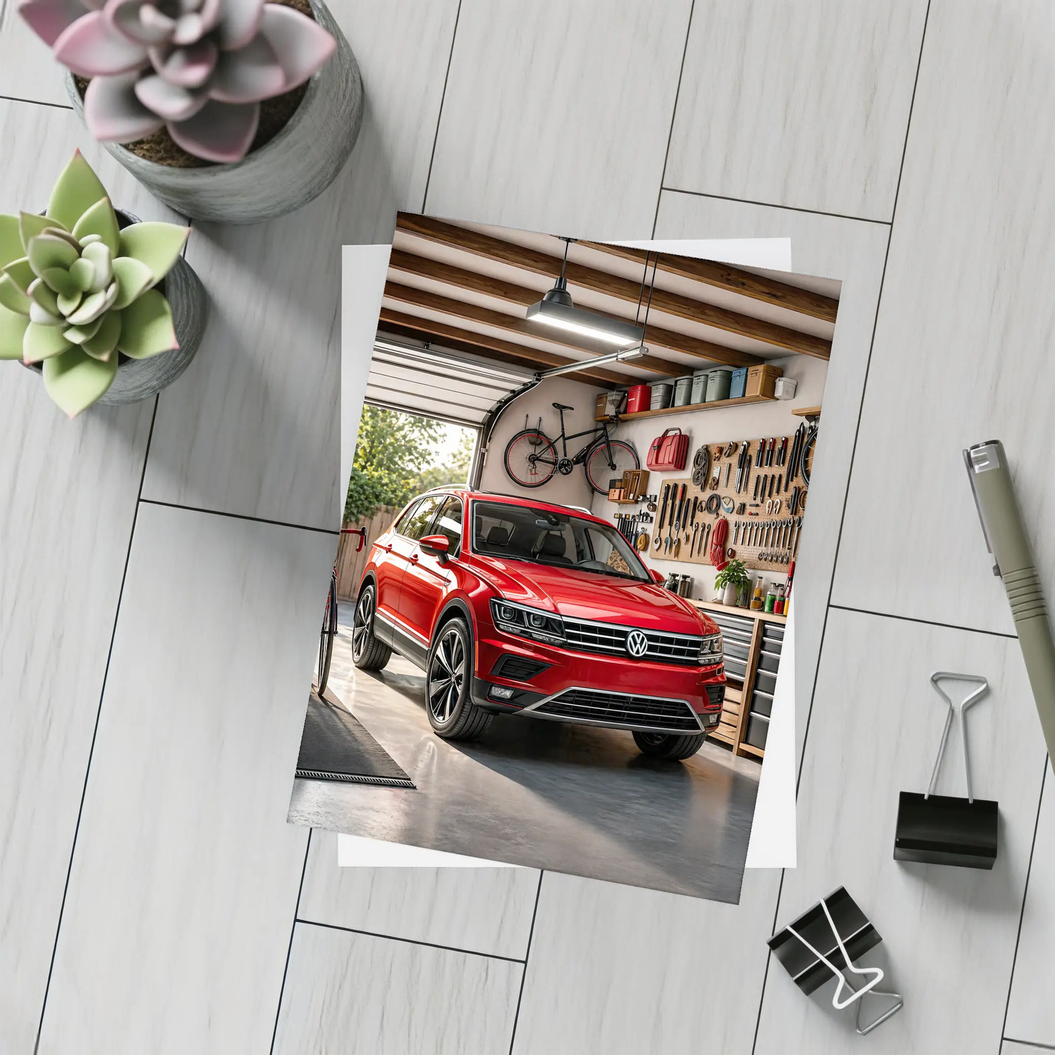 Volkswagen Tiguan Red SUV Garage Setting – Postcards
